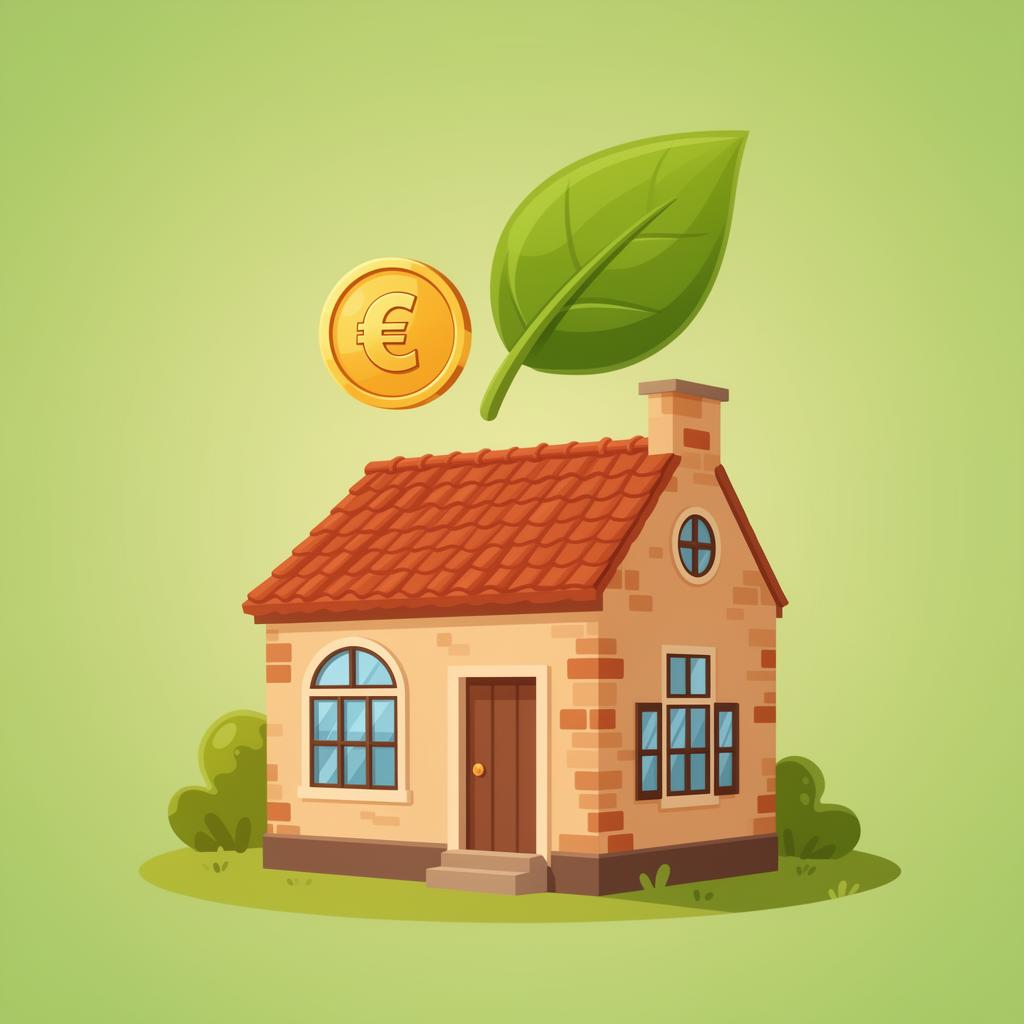 Huisje met euro-symbool en groen blad — symbool voor besparen op je vaste lasten